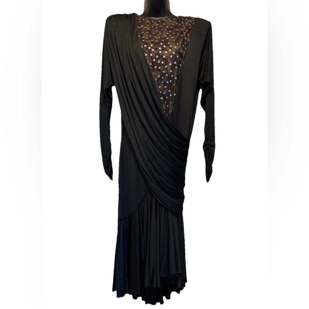 VTG Tadashi I.Magnin  Black Sequin Ruched Draped Cocktail Party Dress Women’s 8